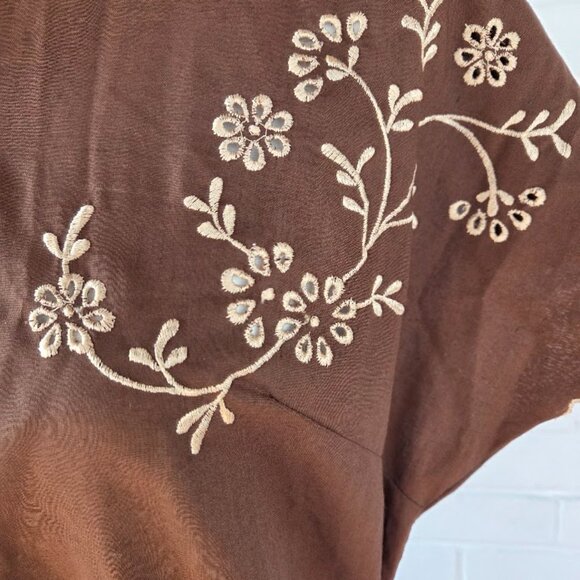 Vintage Chocolate Brown Embroidered Linen Shift Dress with Buttons & Tie Accent - Picture 3 of 13